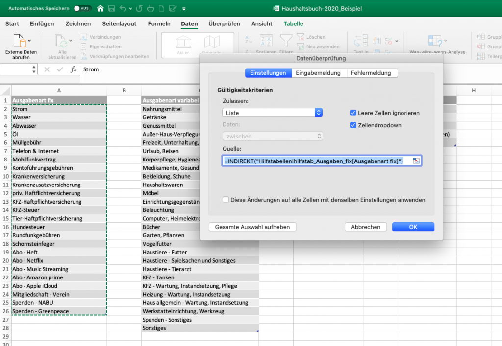 Excel Auswahlliste festlegen (fixe Ausgaben)