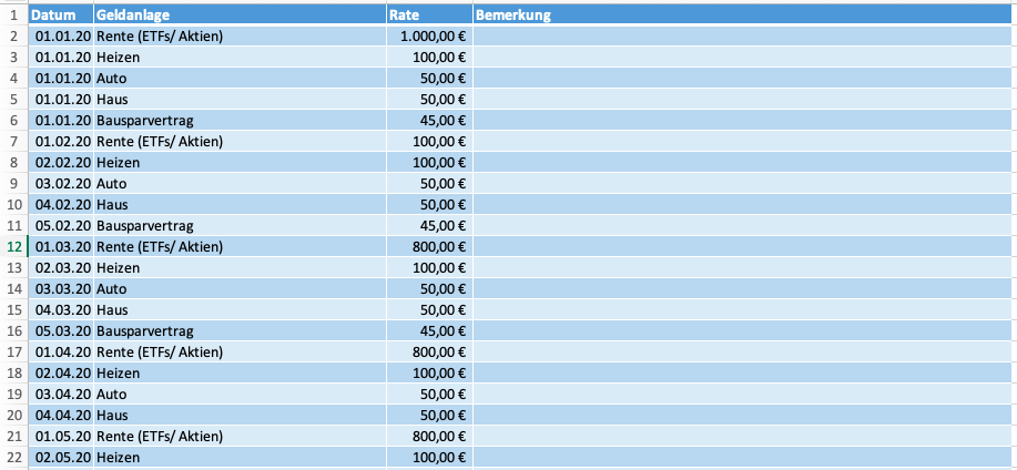 Excel-Haushaltsbuch - Sparraten erfassen